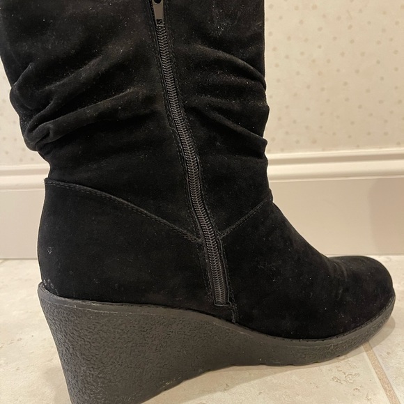 Woman’s booties, man made suede, size 11, like new 3 inch wedge heel - Picture 2 of 6